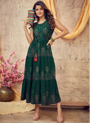 Green Color Rayon Printed Kurti