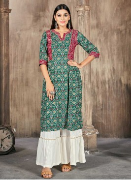 Green Color Rayon Printed Kurti With Bottom