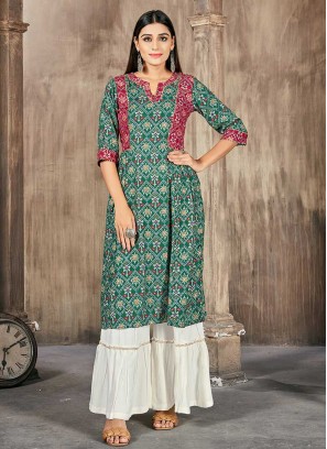 Green Color Rayon Printed Kurti With Bottom