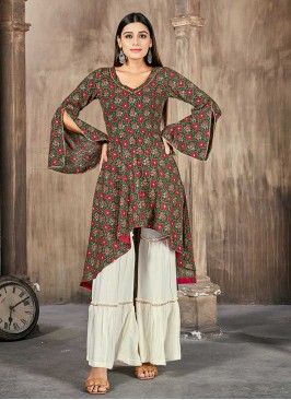 Green Color Rayon Printed Kurti With Bottom