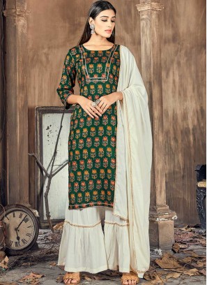 Green Color Rayon Printed Readymade Suit