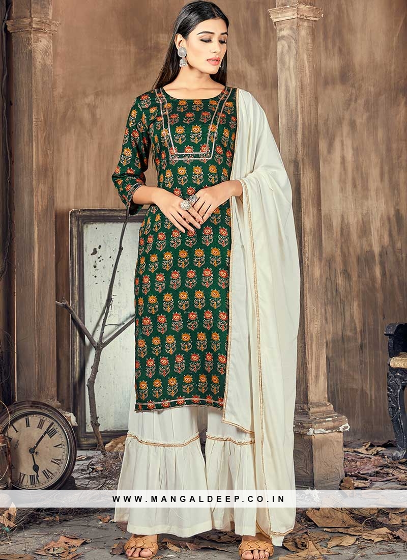 Green Color Rayon Printed Readymade Suit