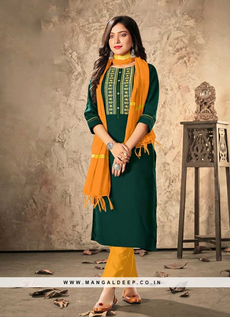Green Color Rayon Readymade Ladies Suit