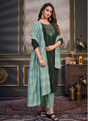 Green Color Rayon Readymade Straight Suit