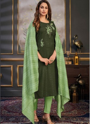 Green Color Rayon Readymade Straight Suit