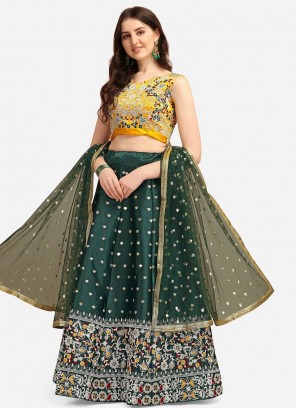 Green Color Satin Embroidered Lehenga