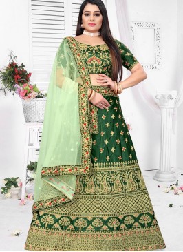 Green Color Satin Silk Embroidered Lehenga