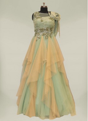 Green Color Sequins Work Net Gowns For Wedding