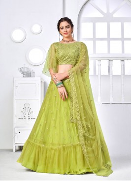 Green Color Sequins Work Net Lehenga