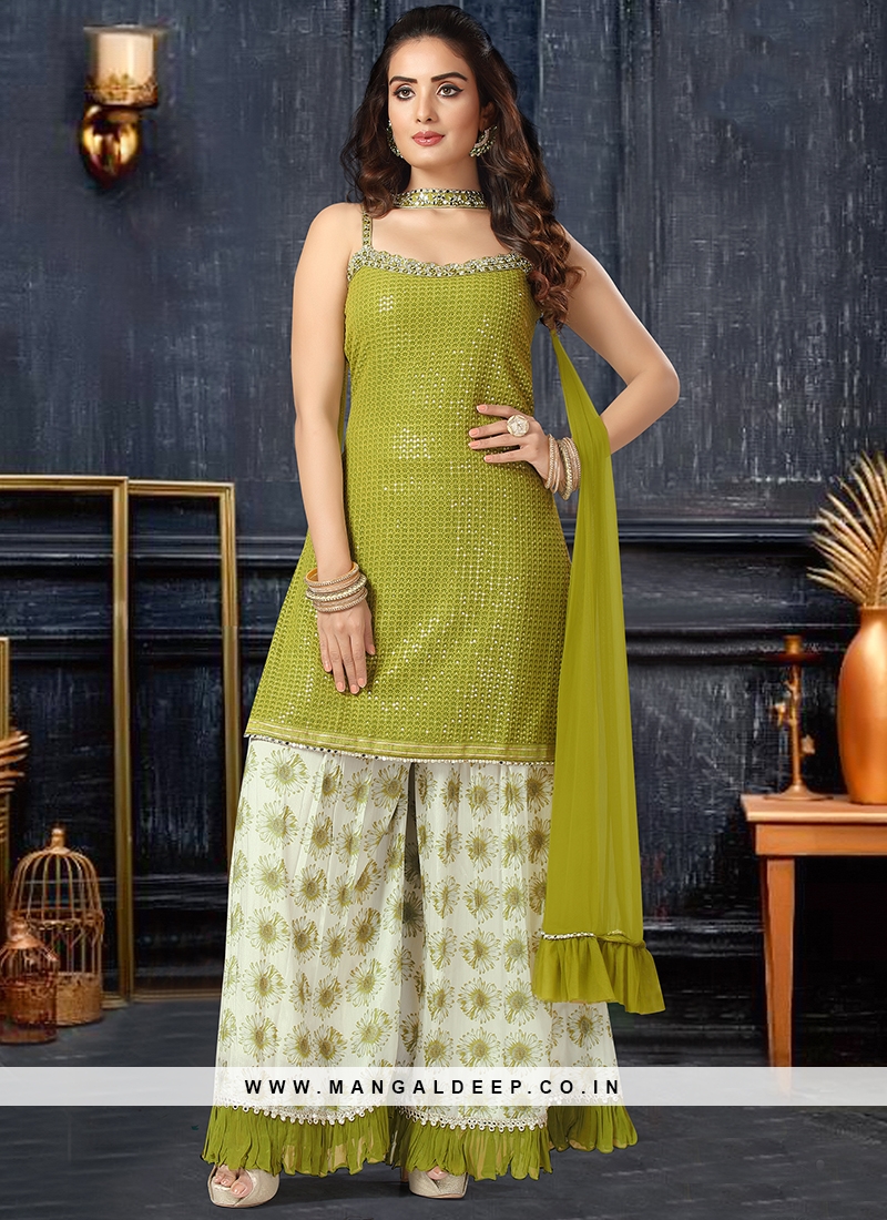 Green Color Sequins Work Sharara Suit
