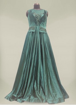 Green Color Sequins Work Silk Gown For Ladies