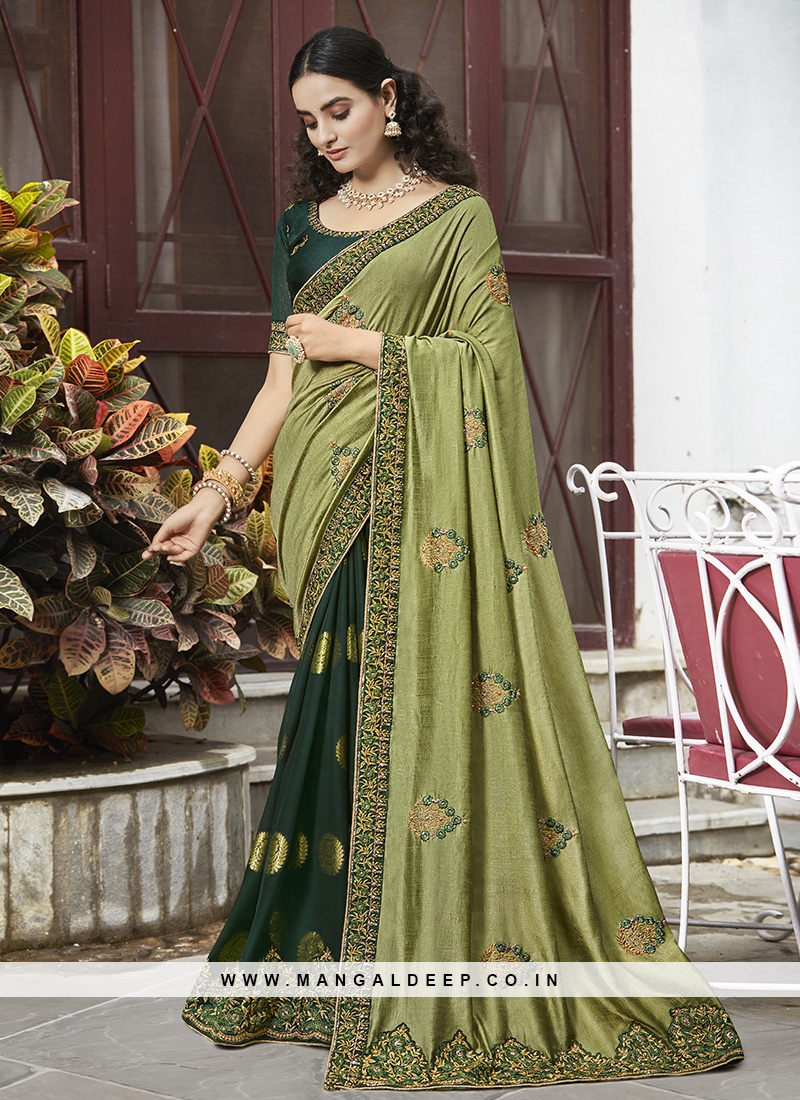 Green Color Silk Embroidered Saree For Party