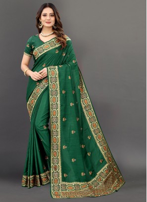 Green Color Silk Embroidered Wedding Wear Saree