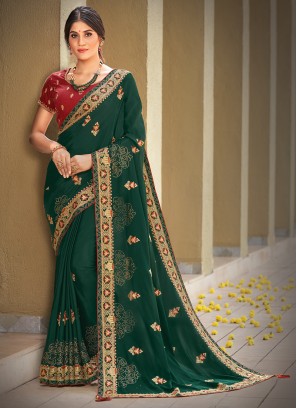 Green Color Silk Georgette Fancy Saree