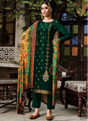 Green Color Silk Jacquard Dress Material