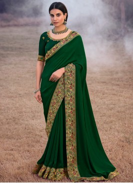 Green Color Silk Lace Border Saree