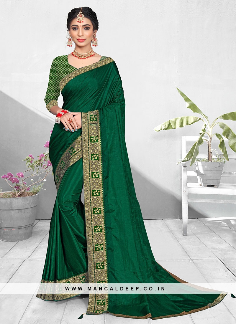 Green Color Silk Lace Border Saree For Ladies