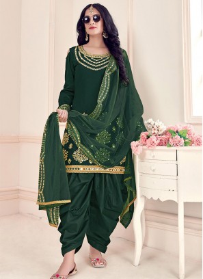 Green Color Silk Mirror Work Punjabi Suit