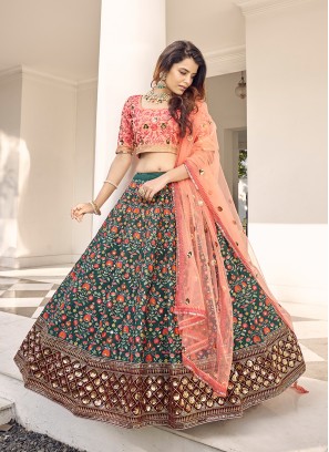 Green Color Silk Thread Work Wedding Lehenga