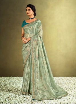 Green Color Tissue Printed Saree