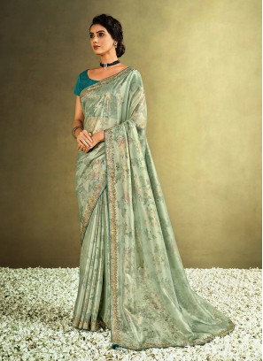 Green Color Tissue Printed Saree