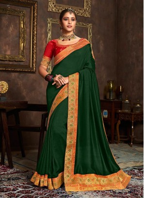 Green Color Vichitra Silk Lace Border Saree