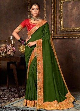 Green Color Vichitra Silk Lace Border Saree