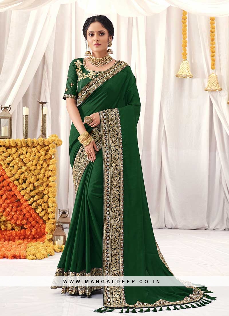 Green Color Vichitra Silk Party Wear Saree