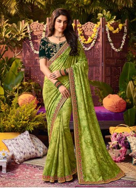 Green Color Vichitra Tie Zari Work Saree