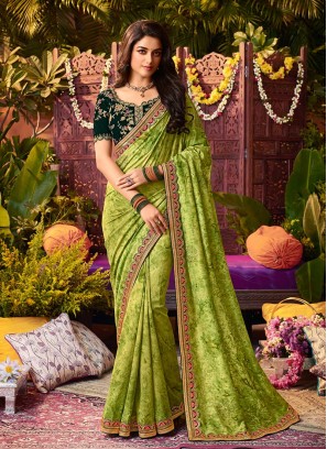 Green Color Vichitra Tie Zari Work Saree