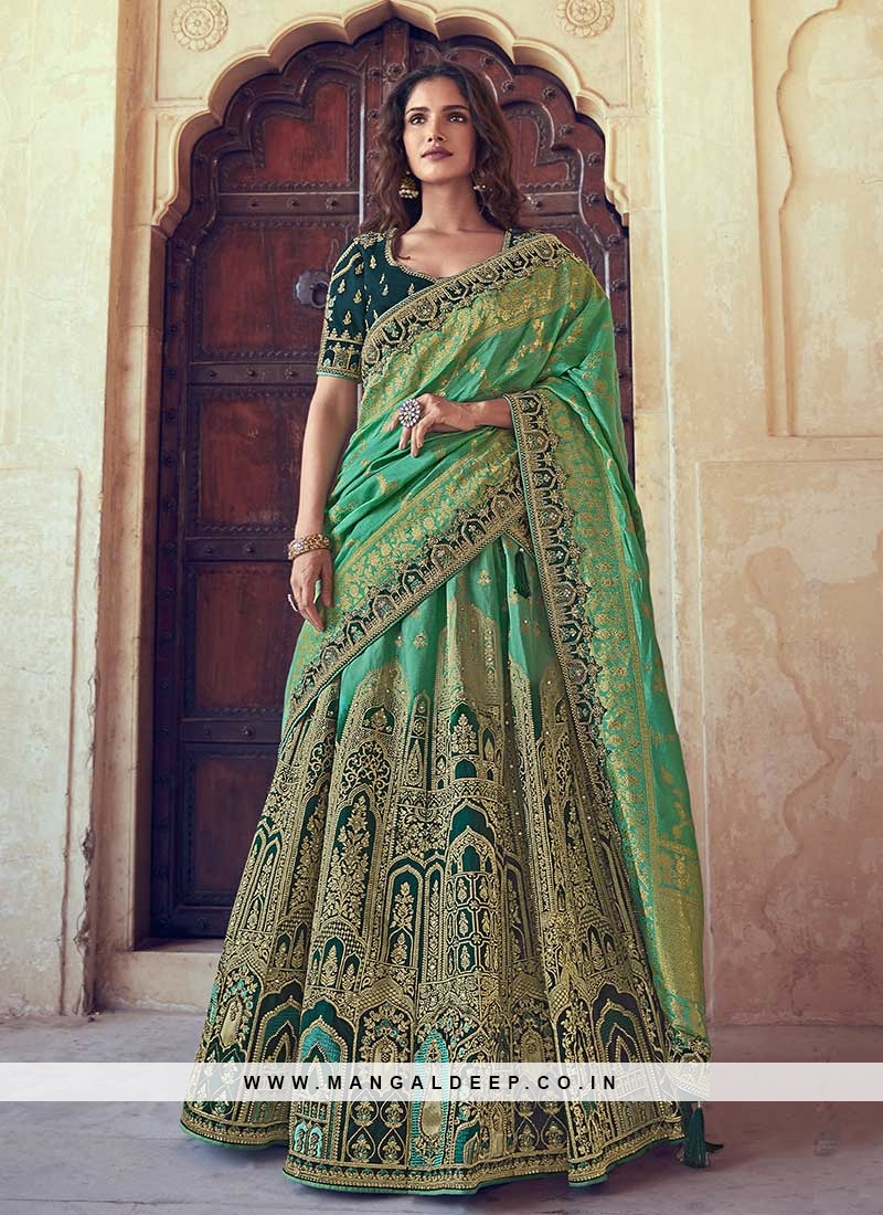 Green Color Weaving Silk Lehenga