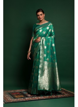 Green Color Wedding Wear Heavy Wevon Design Saree