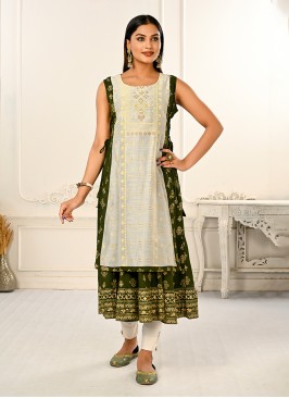 Green Cotton Ceremonial Casual Kurti