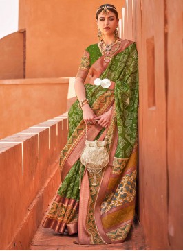 Green Cotton Silk Ceremonial Contemporary Saree