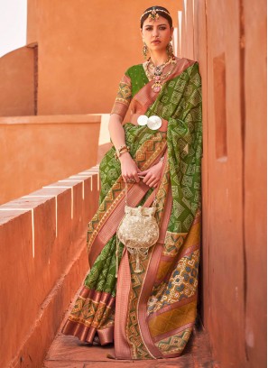 Green Cotton Silk Ceremonial Contemporary Saree