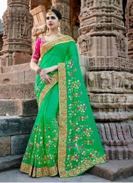 Green Designer Embroidered Party Wear Saree