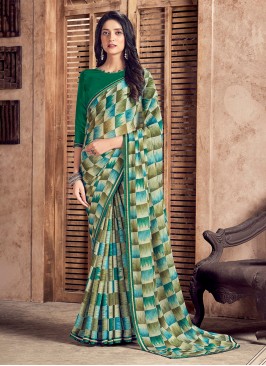 Green Digital Print Georgette Classic Saree