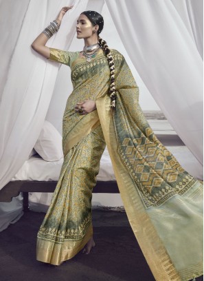 Green Digital Print Silk Contemporary Saree