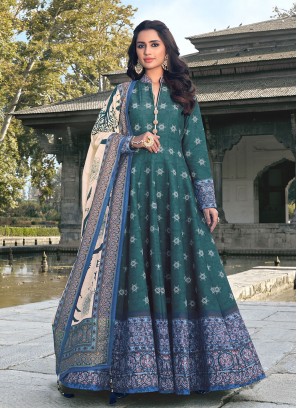 Green Digital Print Silk Readymade Anarkali Suit