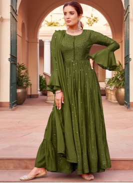 Green Embroidered Chinon Trendy Salwar Kameez