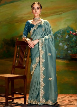 Green Embroidered Fancy Fabric Classic Saree