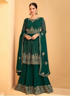 Green Embroidered Faux Georgette Designer Pakistani Salwar Suit