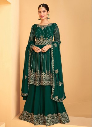 Green Embroidered Faux Georgette Designer Pakistani Salwar Suit
