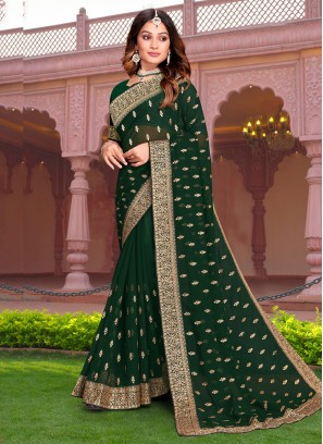 Green Embroidered Festival Contemporary Saree