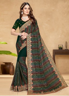 Green Embroidered Georgette Classic Designer Saree