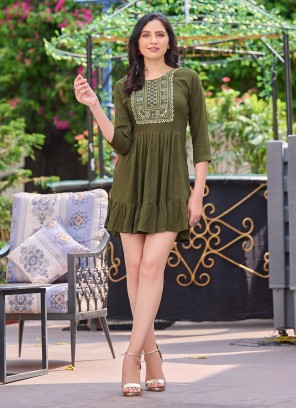 Green Embroidered Rayon Party Wear Kurti