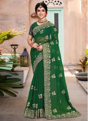 Green Embroidered Silk Saree