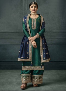 Green Embroidered Silk Straight Salwar Suit