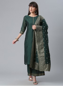 Green Engagement Chanderi Silk Readymade Salwar Kameez