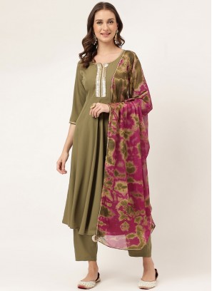 Green Faux Crepe Readymade Salwar Kameez